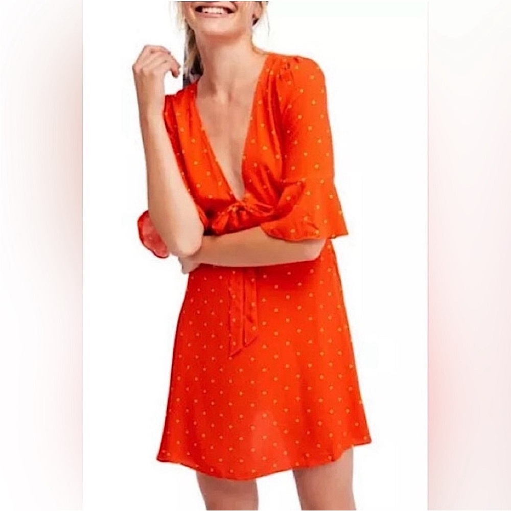 NWT Free People | Women’s Orange All Yours Tie Vneck Polka Dot Mini Dress Size 2